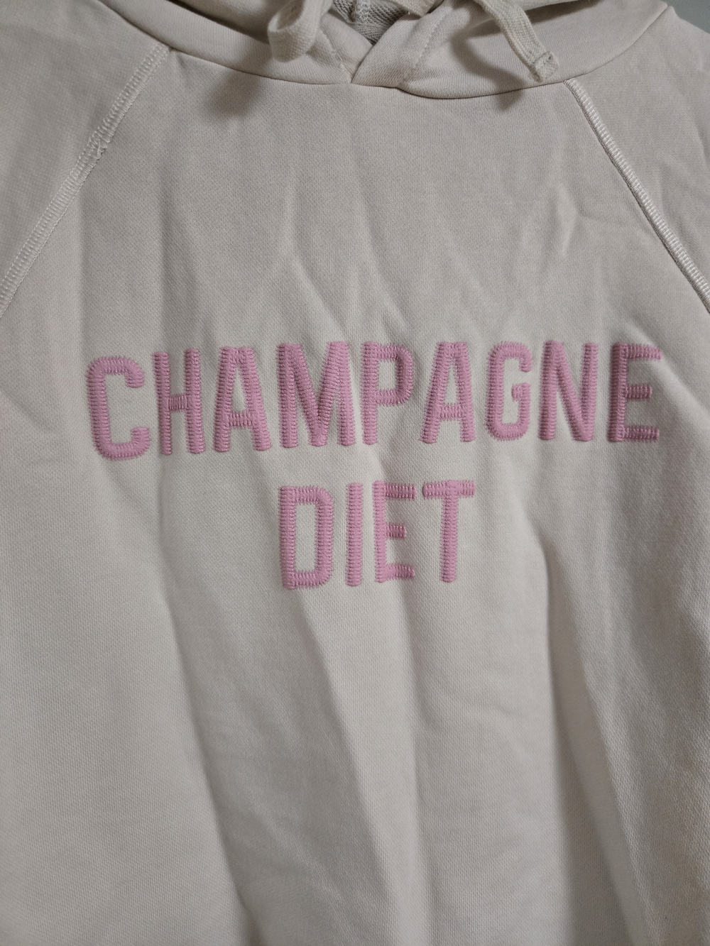 Cream Cropped Cotton Hoodie with Pink "CHAMPAGNE DIET" Embroidery Size Large